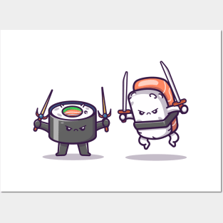 Cute Sushi And Onigiri Fighting Posters and Art